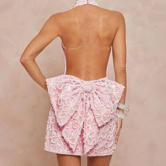 Baby Pink Preppy Women's Glitter 3D Floral Mini Dress - Picture 7 of 8